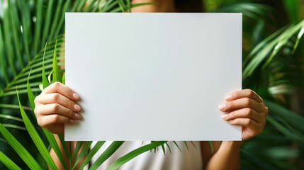 Person holding blank white paper in front of lush green leaves. Ideal for mockups, presentations, and advertising with a natural touch.