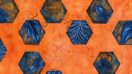 Wall Mural - Wide-format print featuring hexagons with indigo feathers against a tangerine orange textured surface