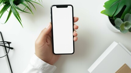 Blank or white screen smart phone held by hand on office table, screen mockup concept.