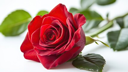 Wall Mural - Isolated red rose on a white background, highlighting its vivid color and delicate, velvety petals