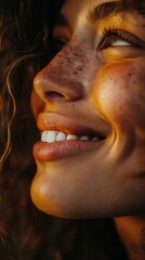 Poster - A close up of a woman's face with freckles on her face