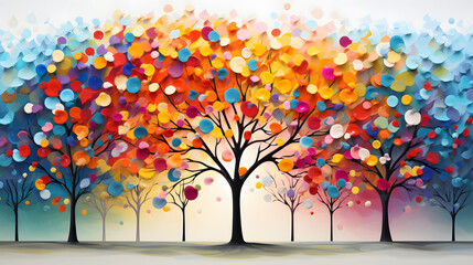 Sticker - Colorful tree with leaves on hanging branches illustration background. 3d abstraction wallpaper . Floral tree with multicolor leaves