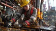 © Рудой Максим - Young Worker Engaged in Oil Rig Maintenance During Daytime at Offshore Location. Generative AI