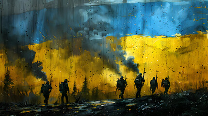 Ukrainian Soldiers Under a Smoky Sky