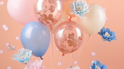 Wall Mural - Soft peach background, vintage pink and cream balloons, rose gold flake glitter. Shiny plastic artificial flowers in blue and white.