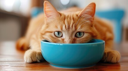 Wall Mural - A cat is looking into a blue bowl