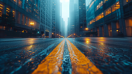 Canvas Print - Empty road with glass building at sunset on rainy day