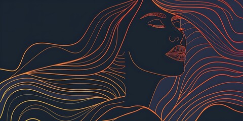 Wall Mural - Abstract of beautiful girl face with curly hair and wavy lines.