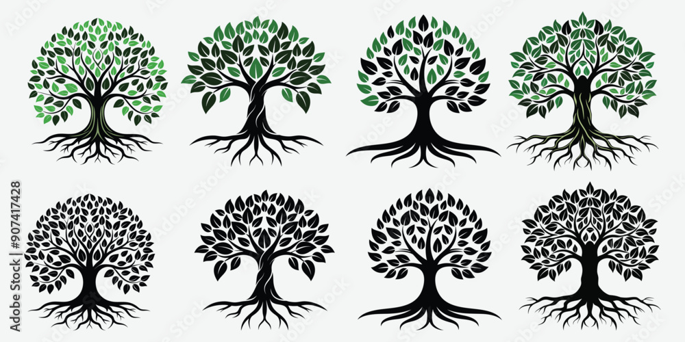 Tree Symbol Pacage Set of Colourful and black banyan tree combo Package collection, Logo ...