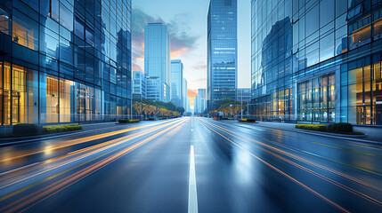 Canvas Print - City highway and glass buildings at dawn