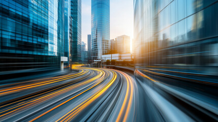 Wall Mural - City highway and glass buildings at dawn