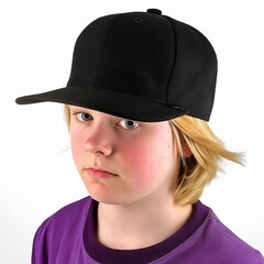 Canvas Print - A young boy wearing a black baseball cap and a purple shirt