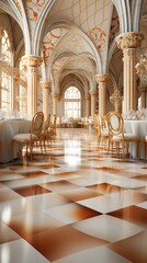 Sticker - Ballroom interior, beautiful banquet hall in royal medieval castle with curtains, Empty room for ceremony and events 