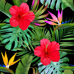 Wall Mural - Tropical pattern. Paradise plants and flowers. Hawaiian pattern. Exotic, tropics