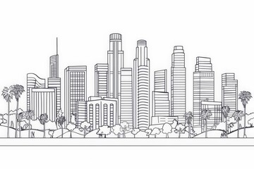 Wall Mural - Thin line style city Illustration of urban landscape street, Los Angeles skyline city office buildings Outline cityscape on white background