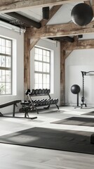 Poster - Modern loft gym interior with wooden beams, weights, and mats.