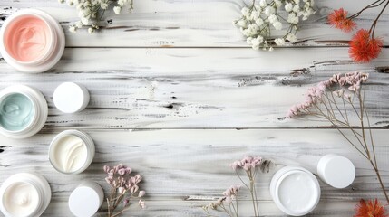 Wall Mural - Cosmetic containers displayed on white wooden background Beauty theme with space for text