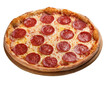 © stockpro - Delicious and cheesy pepperoni pizza on a wooden platter, perfect for any meal or gathering.
