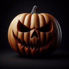 Glowing orange jack-o-lantern with eerie face isolated on black and dark black background spooky symbol of autumnal Halloween night