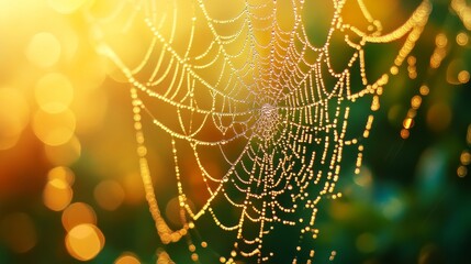 Spider web covered with dew in the early morning. The spider is not here, it is traveling. This serene and attractive image captures the beauty of nature very well.