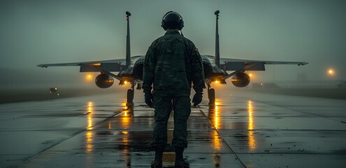 military officer directs fighter jets across the flight deck of an aircraft carrier