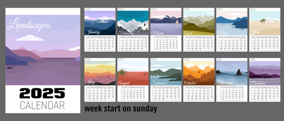 Abstract nature calendar for 2025 with flat minimal landscapes. Vertical A4 calendar by months, week starts on Sunday. Greed calendar with places for notes.12 isolated month and cover on gray back.