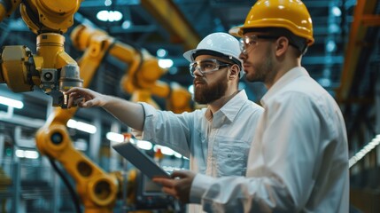 Canvas Print - Young male automation engineers, one pointing at robotic machinery while the other takes notes on a tablet