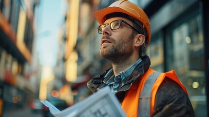 Wall Mural - Engineer wearing a safety helmet, glasses, and a reflective vest, inspecting a construction site with blueprints in hand