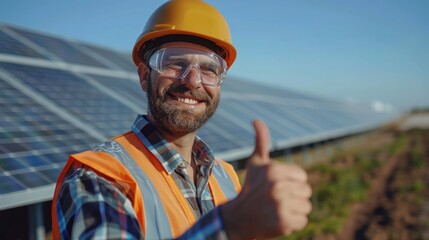 Wall Mural - A smiling engineer, equipped with safety glasses and a reflective vest, giving a thumbs up on a clean energy project site