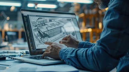 Wall Mural - A skilled architect pointing at building blueprints on a laptop, discussing construction details with an engineer team in a modern workspace