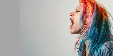 Canvas Print - Woman with colorful hair shouting against an colorfull background. Free copy space for text.