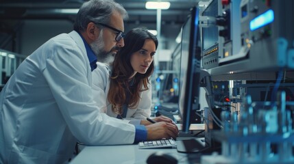 Wall Mural - A female manager and male industrial engineer discussing the production of a microchip prototype on a desktop computer, surrounded by high-tech equipment in an electronics factory.