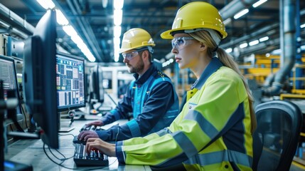 Wall Mural - A female manager and male industrial engineer collaborating on microchip production using a desktop computer,