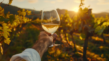 Winemaker holding a white wine glass front of vineyard