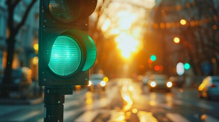 Close-up of a green light at a traffic light, blurred background of an intersection in the evening city