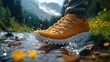© photolas - Summer sports eco shoe on the foot of a man in a splash of clear water, waterproof material