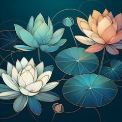 Wall Mural - line drawing, Halfway through the dark blue-green backdrop, there's a glass lotus blossom with one or two glass lotus leaves. The watercolour is light and warm, and the lotus leaves have gold edges an