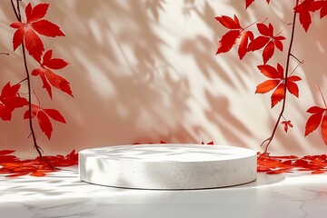 Wall Mural - Empty white geometric podium with red autumn leaves and beautiful shadows. Showcase for product presentation, aesthetic style