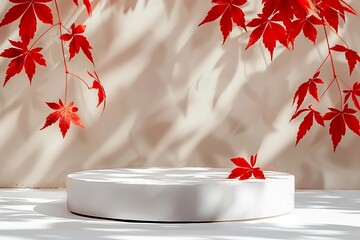 Wall Mural - Empty white geometric podium with red autumn leaves and beautiful shadows. Showcase for product presentation, aesthetic style