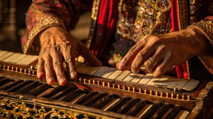 Canvas Print - Close-up of hands playing a traditional Indian instrument.