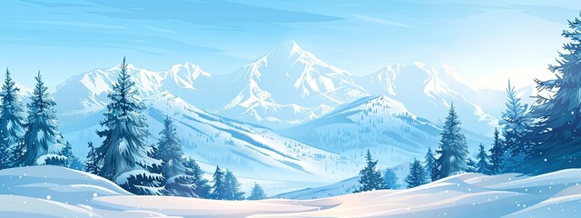 Wall Mural - A snowy winter day. Fir trees in snowdrifts  mountains covered with snow  clear blue sky. Snowfall. Design for banner  background  wallpaper  postcard. Concept of tourism  hiking. Vector image. --