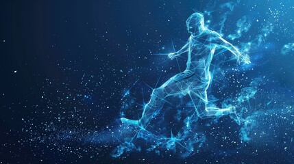 Wall Mural - Abstract soccer player  footballer from particles on blue background. 