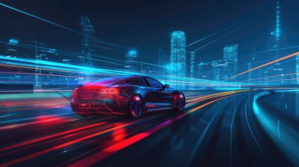 Wall Mural - Abstract speed Business Start up launching product with Electric car and city concept Hitech communication concept innovation background  vector design