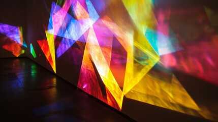 Wall Mural - A high-angle view reveals a vibrant holographic projection illuminating a dark room with dynamic geometric shapes and colorful lines dancing across the walls