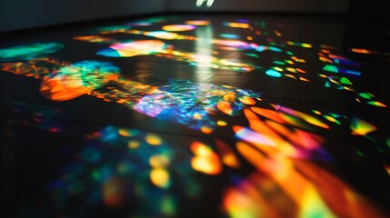 Wall Mural - A vibrant holographic projection illuminates the dark room with geometric shapes and colorful patterns captivating the atmosphere