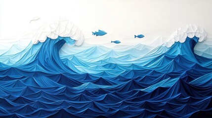 Sticker - Abstract Blue Ocean Waves Paper Art.