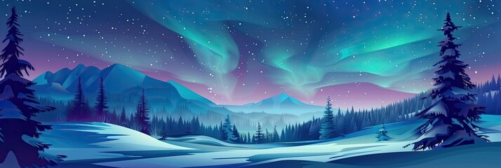 Wall Mural - Beautiful arctic aurora in the night sky. Bright aurora borealis. Winter landscape in the northern regions. Snowy valley. Spruce trees in snowdrifts. 