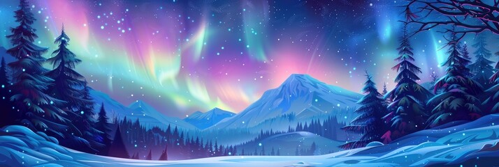 Wall Mural - Beautiful arctic aurora in the night sky. Bright aurora borealis. Winter landscape in the northern regions. Snowy valley. Spruce trees in snowdrifts. 