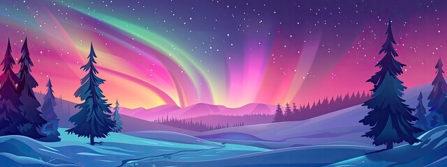 Wall Mural - Beautiful arctic aurora in the night sky. Bright aurora borealis. Winter landscape in the northern regions. Snowy valley. Spruce trees in snowdrifts. 