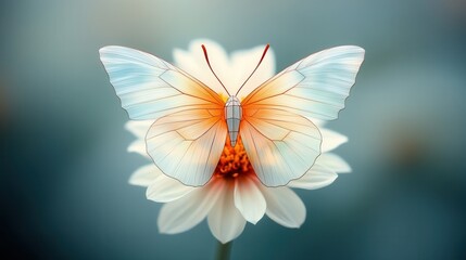 Wall Mural - Delicate Butterfly on White Flower with Teal Background.